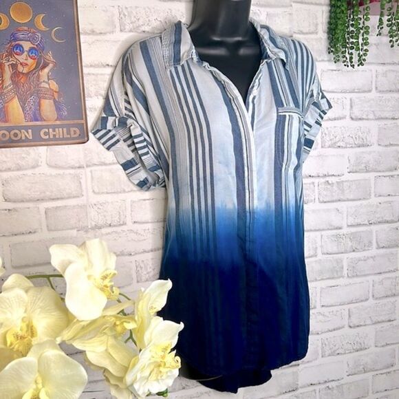 KC Khakis & Company Striped Ombre Button Down Shirt Y2K Grunge Boho Size Medium - Picture 1 of 9